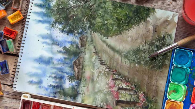 آموزش رایگان نقاشی منظره‌ی روستایی، با تکنیک آبرنگ